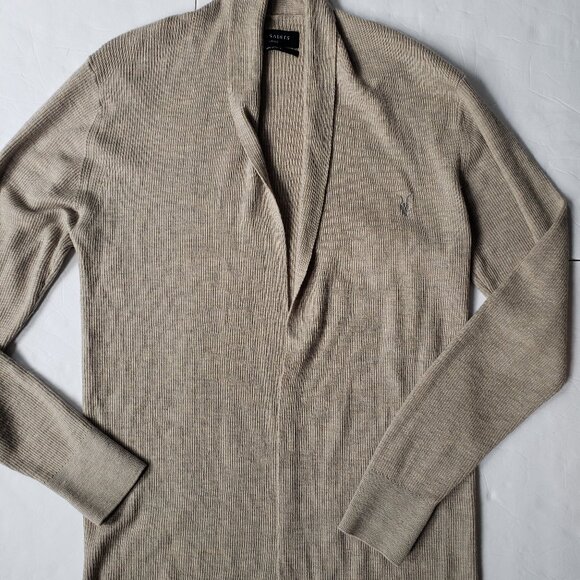AllSaints Merino Wool Open Front Shawl Collar Ramskull Mode Cardigan - Picture 4 of 10